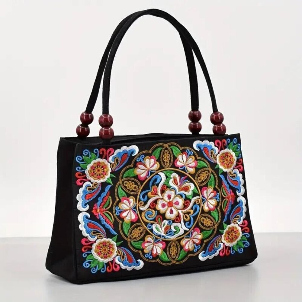 Women's Stylish Floral Embroidered Tote Handbag, Trendy Zipper Canvas Bag - Picture 1 of 6